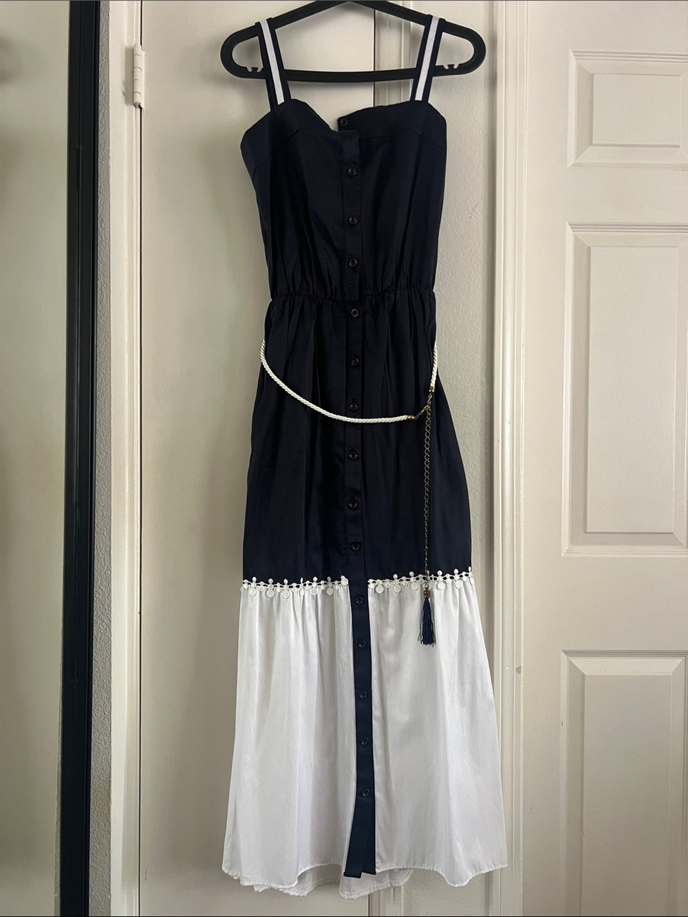 Brand New Navy and White Strappy Button-Front Maxi Dress with Tassel Belt